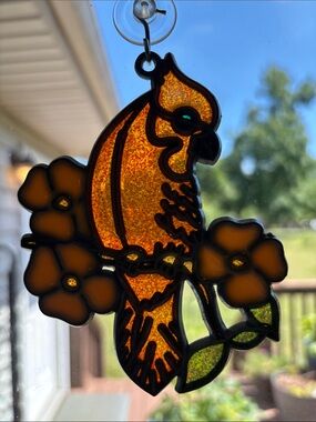 Vintage Cardinal bird sun catcher faux stained glass window ornament decor